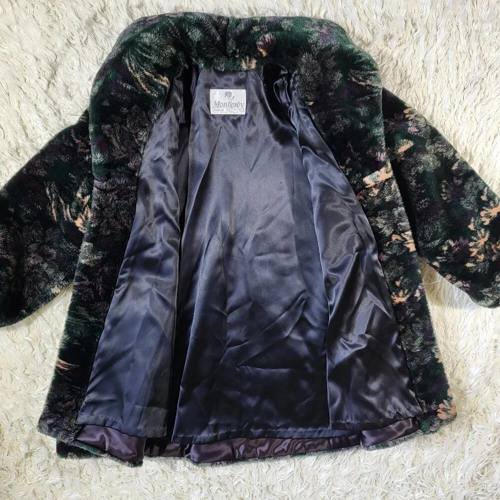 Vintage Monterey Fashions Faux Fur Black Leaf Swing Coat Jacket Medium - Picture 14 of 15